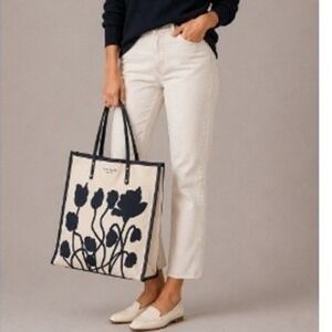 Kate Spade Women's Floral Tan Black Canvas Tote Leather Trim‎ Handbag